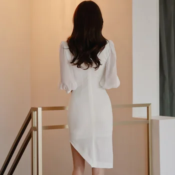 Beyaz Ofis Bayan Elbise 2022 Bahar Kare Yaka Şifon Puf Kollu Yüksek Bel Kat Asimetrik Zarif Parti Elbise Kadınlar