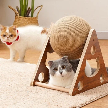 Doğal Sisal Kedi Scratcher Topu Aşınmaya dayanıklı Kedi Ağacı Oyuncak katı ahşap Kedi Pençe Taşlama Kurulu Yavru Oyuncaklar Kedi Kulesi