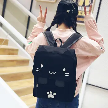 Moda Sevimli Kedi Nakış Tuval Öğrenci çantası Karikatürler Kadın Sırt Çantası Eğlence Okul çantası