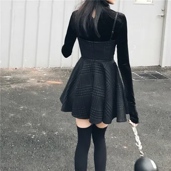 Kış Kadın Ekose Pilili Mini Elbise Gotik Harajuku Seksi Sling Askı Backless Kaya Punk Jurken Goth Kız Kadın Kısa Vestidos