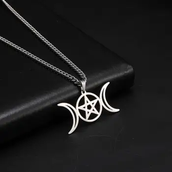 Skyrim Üçlü Ay Tanrıçası Kolye Kadınlar için Paslanmaz Çelik Zincir Wicca Tılsım Muska Pentagramı Pentagram Kolye Takı