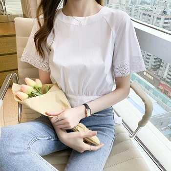 Yaz Yeni 2021 Hollow Out Kore Batwing Kollu İşlemeli Gömlek Moda Geri Yay Zarif kadın Bluz Blusa Feminina 15070 0