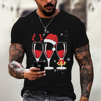 Noel şarap bardağı Grafik T Shirt erkek Kısa Kollu Yeni Yıl Harajuku T Shirt O-Boyun Büyük Boy Erkek Rahat Üstleri giysi
