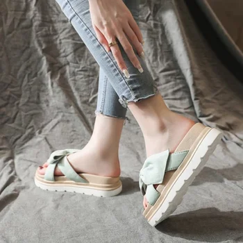 Terlik Kadın Yaz Yay İle Kalın Taban Slaytlar Kadın Açık Sandalet Ayakkabı Bayanlar Flip Flop Takozlar Topuklu Yeni Varış 2022 1