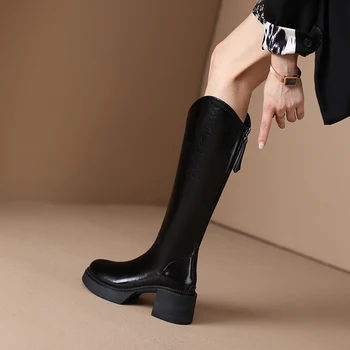 MORAZORA 2023 Yeni Bayanlar Kalın Yüksek Topuklu platform ayakkabılar Hakiki Deri Kış Kadın Botları Fermuar Diz Yüksek Çizmeler 1