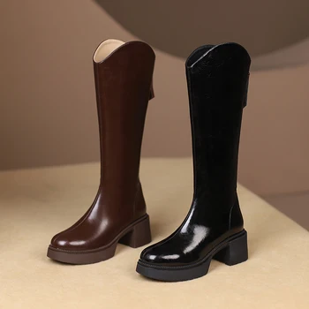 MORAZORA 2023 Yeni Bayanlar Kalın Yüksek Topuklu platform ayakkabılar Hakiki Deri Kış Kadın Botları Fermuar Diz Yüksek Çizmeler 2