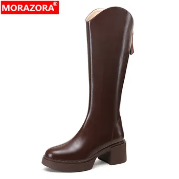 MORAZORA 2023 Yeni Bayanlar Kalın Yüksek Topuklu platform ayakkabılar Hakiki Deri Kış Kadın Botları Fermuar Diz Yüksek Çizmeler 3