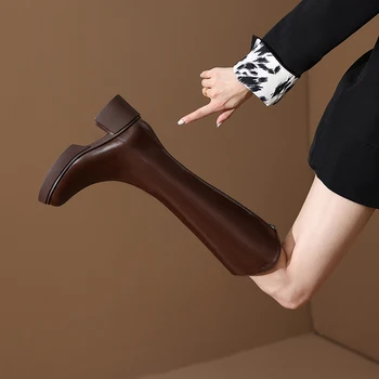 MORAZORA 2023 Yeni Bayanlar Kalın Yüksek Topuklu platform ayakkabılar Hakiki Deri Kış Kadın Botları Fermuar Diz Yüksek Çizmeler 4