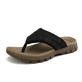 Erkekler Hakiki Deri Terlik Açık Flip Flop Rahat yaz Ayakkabı Plaj Rahat Terlik Sandalet