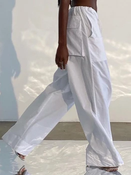 Rockmore Beyaz Baggy Kargo Pantolon Kadınlar için Y2K Cepler Düşük Bel Sweatpants 90s Streetwear Casual Gevşek Düz Pantolon Joggers