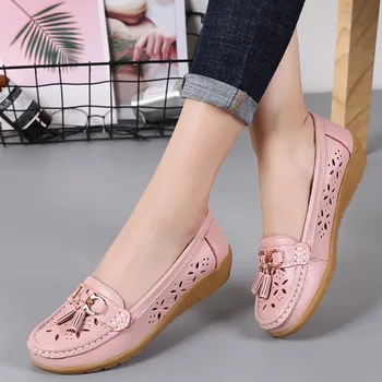 Kadın Flats Yaz Kadın Hakiki deri ayakkabı Düşük Topuklu Kayma Rahat düz ayakkabı Kadın Loafer'lar Yumuşak Hemşire balerin ayakkabıları 1