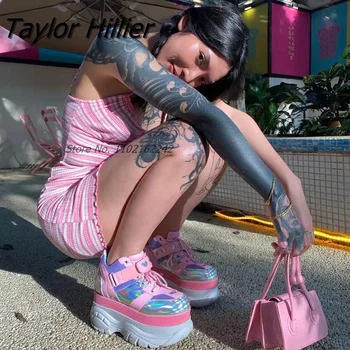 Yeni Pembe Marka Tasarım Platformu kadın ayakkabısı Lace Up Cosplay Yaldızlı Kadın düz ayakkabı Artı Boyutu 45 Sokak Punk Spor Takozlar 1