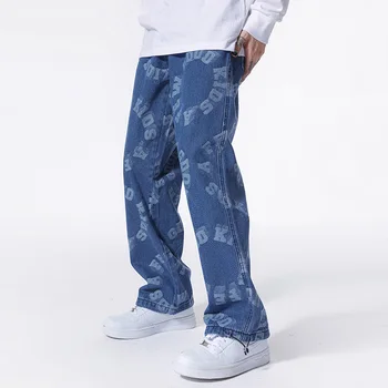 Erkek Moda Amerikan Yüksek Sokak Hip Hop Jakarlı Kot erkek gevşek düz geniş bacak denim Gençlik Rahat Cep LetterTrouser