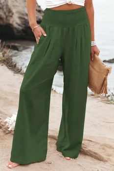 Kadın Zarif Geniş Bacak Düz Pantolon 2022 Vintage Keten Düz Renk Sweatpants Kadınlar Şık Rahat Yüksek Bel Pantolon