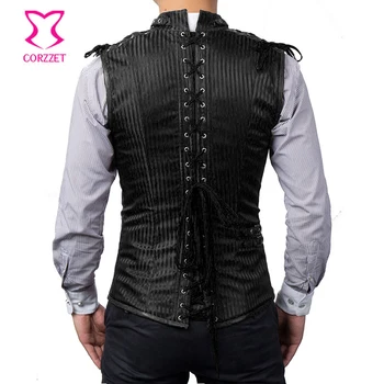 Siyah Çizgili Yaka Uzun Kolsuz Yelek Vintage Palto Korse Ceket Steampunk Yelek Erkek Gotik Giyim Artı Boyutu 6XL
