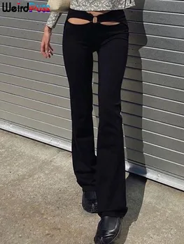 Garip Kedi İçi Boş Düşük Bel Y2K Pantolon Şık Harajuku Kadın Streetwear 2022 Trend Yaz Flare pantolon Sıska Elastik Uzun Pantolon