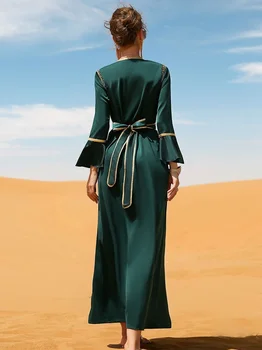 Rhinestone Kaftan Kadınlar Fas Parti Kaftan Fırfır Kollu Kuşaklı Saten uzun elbise Müslüman Dubai Abaya Düğün Akşam Ramazan