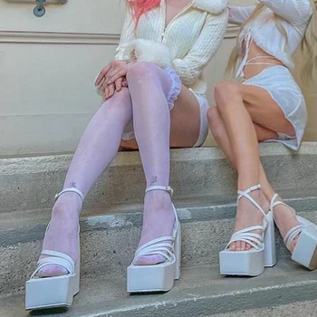 IAMHOTTY Kawaii Örgü Dantel Çorap Seksi Beyaz See Through Ruffles Jartiyer Uzun Çorap Uyluk yüksek Çorap Japon Tarzı Lolita