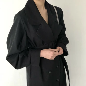 Sonbahar Kış 2020 Yeni Uzun Rüzgarlık Kadın Tam Kollu Turn Down Yaka Kore Tarzı Vintage Uzun Trençkot Kemer ile