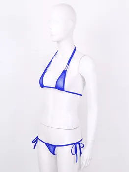 Seksi Mikro bikini seti Bayan Strappy İç Çamaşırı Takım Elbise See-through Üçgen Örgü Mayo Halter Boyun Sütyen Üstleri T-Geri Tanga Külot