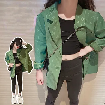 Moda Kız Blazer Ceket Çocuk Giysileri Bahar Sonbahar Çocuk Yeşil Baskı Blazer Ceket Üst Dış Giyim Vintage çocuk Giyim