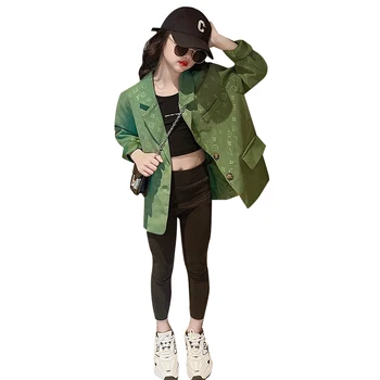 Moda Kız Blazer Ceket Çocuk Giysileri Bahar Sonbahar Çocuk Yeşil Baskı Blazer Ceket Üst Dış Giyim Vintage çocuk Giyim 5