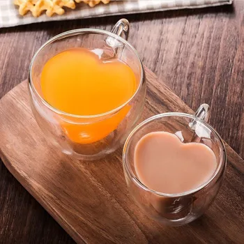 Çift Duvar Kahve Kupa Bardak Kalp Aşk Şekli Cam Içme Çay Süt Suyu Şeffaf su bardağı ısıya Dayanıklı Drinkware Seti