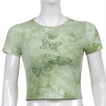 Sweetown Yeşil Batik Yeni T-Shirt Kadın Kelebek Desen Kawaii Grafik T Shirt Yuvarlak Boyun Kısa Kollu Temel Bebek Tee Gömlek
