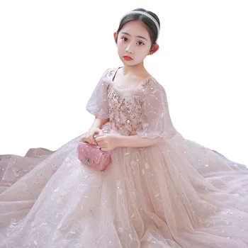 Gelinlik Prenses Elbise Kızlar İçin Pullu Tül Doğum Günü Partisi Tül Elbise Çiçek Kız Düğün Pageant Uzun Communion Elbise