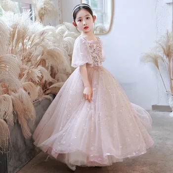 Gelinlik Prenses Elbise Kızlar İçin Pullu Tül Doğum Günü Partisi Tül Elbise Çiçek Kız Düğün Pageant Uzun Communion Elbise 3