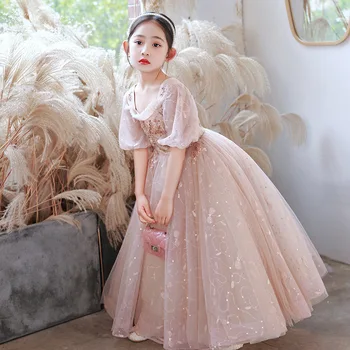 Gelinlik Prenses Elbise Kızlar İçin Pullu Tül Doğum Günü Partisi Tül Elbise Çiçek Kız Düğün Pageant Uzun Communion Elbise 5
