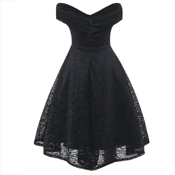 TMWEVN Parti V Yaka Elbise A-line Kısa Kollu Elbise Vintage Retro Casual Parti Rockabilly Siyah 50s Dantel Kadın Elbise Artı Boyutu