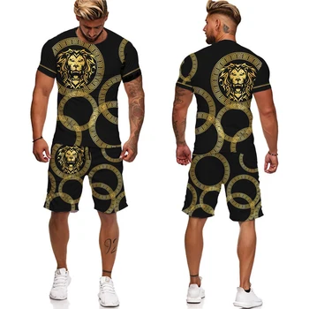 Yaz 2022 3D Baskılı erkek Serin T Shirt Şort Altın Aslan 2 Parça Giyim Hip Hop Tarzı Giyim Takım Elbise Altın Kenar Takım Elbise