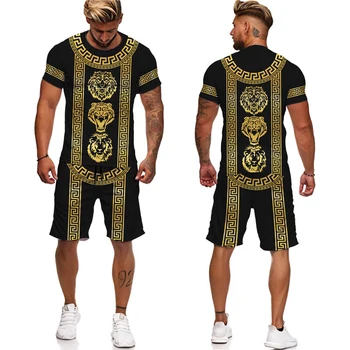 Yaz 2022 3D Baskılı erkek Serin T Shirt Şort Altın Aslan 2 Parça Giyim Hip Hop Tarzı Giyim Takım Elbise Altın Kenar Takım Elbise 1