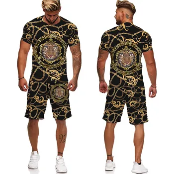 Yaz 2022 3D Baskılı erkek Serin T Shirt Şort Altın Aslan 2 Parça Giyim Hip Hop Tarzı Giyim Takım Elbise Altın Kenar Takım Elbise 2