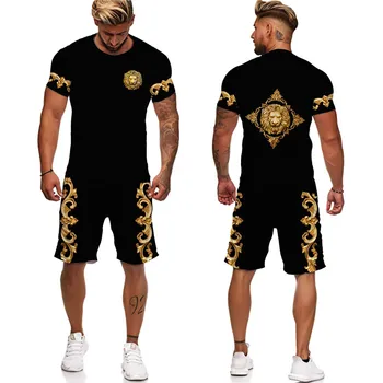 Yaz 2022 3D Baskılı erkek Serin T Shirt Şort Altın Aslan 2 Parça Giyim Hip Hop Tarzı Giyim Takım Elbise Altın Kenar Takım Elbise 3