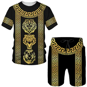 Yaz 2022 3D Baskılı erkek Serin T Shirt Şort Altın Aslan 2 Parça Giyim Hip Hop Tarzı Giyim Takım Elbise Altın Kenar Takım Elbise 4