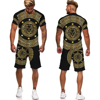 Yaz 2022 3D Baskılı erkek Serin T Shirt Şort Altın Aslan 2 Parça Giyim Hip Hop Tarzı Giyim Takım Elbise Altın Kenar Takım Elbise 5