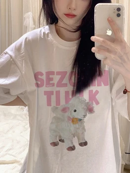 Kadın T Shirt Kawaii Giyim Estetik Kuzu Karikatür baskı t-shirt Yaz Rahat Y2K Kısa Kollu Üstleri Beyaz Büyük Boy Tee Y2k