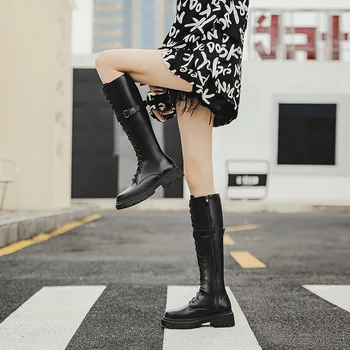 Diz Yüksek Çizmeler Platform Kadın Ayakkabıları Motosiklet Çizmeleri Tıknaz Metal Goth Kış Uzun Çizmeler Siyah Bej Toka