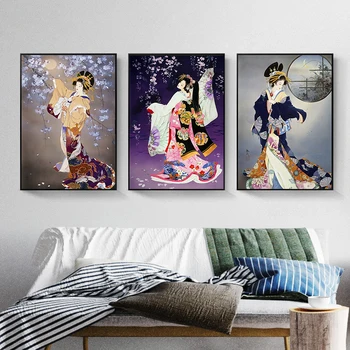 Kimono Kız Portre Posteri ve Baskılar Tuval Boyama Japon Geyşa Vintage Duvar sanat resmi Oturma Odası Ev cuadros Dekor 1