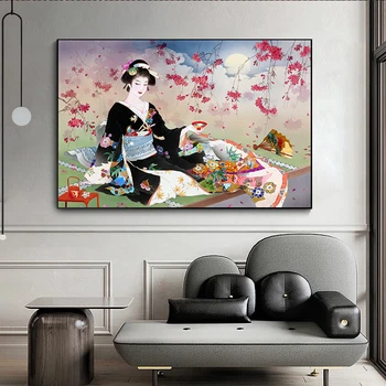 Kimono Kız Portre Posteri ve Baskılar Tuval Boyama Japon Geyşa Vintage Duvar sanat resmi Oturma Odası Ev cuadros Dekor 2