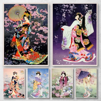 Kimono Kız Portre Posteri ve Baskılar Tuval Boyama Japon Geyşa Vintage Duvar sanat resmi Oturma Odası Ev cuadros Dekor 3