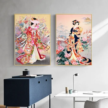 Kimono Kız Portre Posteri ve Baskılar Tuval Boyama Japon Geyşa Vintage Duvar sanat resmi Oturma Odası Ev cuadros Dekor 4