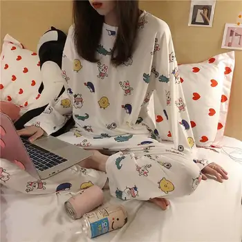 Artı Boyutu Uzun kollu Pijama Kadın Yaz Karikatür Gevşek Öğrenci Sevimli Pijama Bayanlar Rahat Ev Giyim Sonbahar kışlık pijama