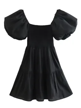 2022 Prenses Vintage Göğüs Elastik Dantelli Siyah Mini Elbise Kadınlar Dikiş Pilili Salıncak Puf Kollu Parti Elbiseler Kadın Elbise
