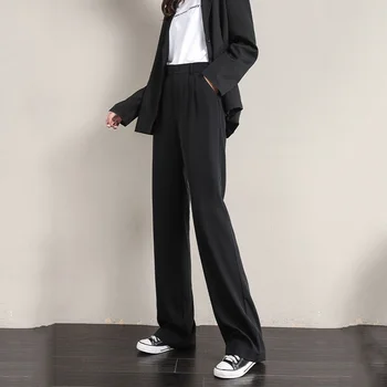 Paspas Pantolon Kadın Siyah Dökümlü Ofis Bayan Kore Zarif Hımbıl Popüler Düğme Fly Pantolon Tüm Maç Yüksek Bel Mujer Kat