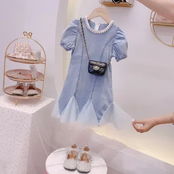 Kız Elbise 2022 Moda Tasarım Bebek Kız Elbise Kısa Kollu Yaz giyim Elbise Jean Dantel İnci Elbise