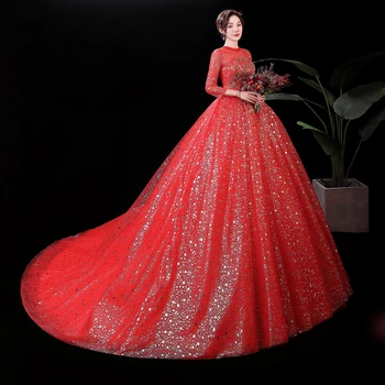 XXN-157 # Balo Yeni Lace up Gelin düğün elbisesi Müslüman Evlenmek 2022 Artı Boyutu Ucuz Toptan Kırmızı Elbiseler Tam Kollu Ücretsiz Gemi