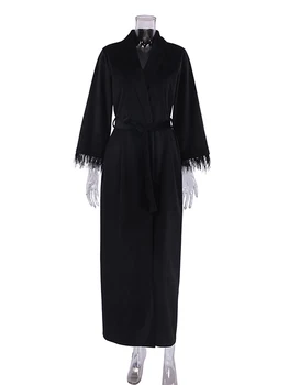 Hiloc Kadife Tüyler Elbise Uzun Kollu gece elbisesi Kadın Elbiseler Ayak Bileği Uzunlukta Bornoz Siyah Yarık kadın Sabahlık Kış 2